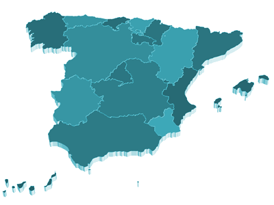 Mapa de España, separado por comunidades autónomas, en color azul oscuro